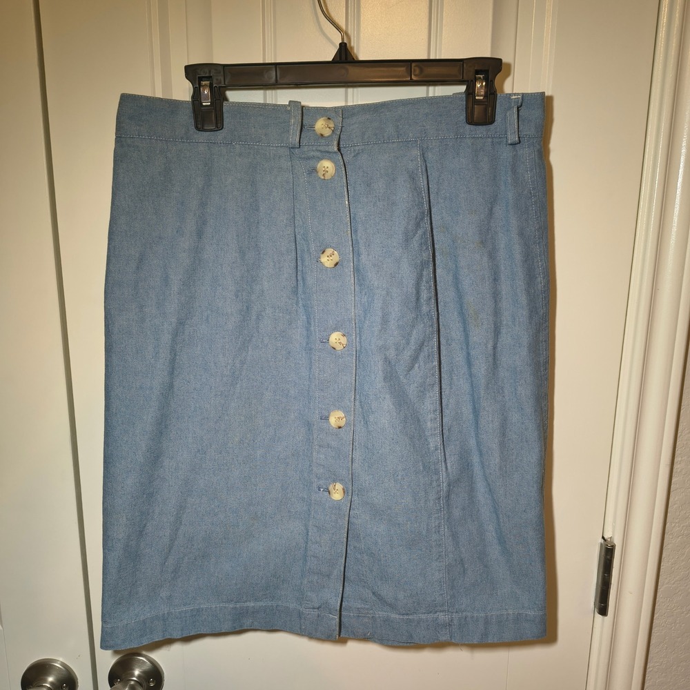 Vintage Harolds Blue Denim Button Front Skirt A-Line Cotton Midi Light Wash 32W